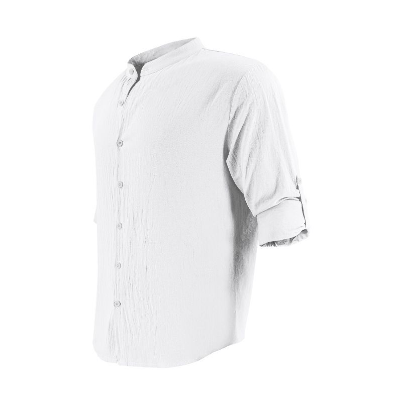 Men's Clothing Tops Shirts American-Style Men's Hawaiian-Style Cotton-Linen Stand-Up Collar Breathable Henley Casual Long-Sleeved Shirt