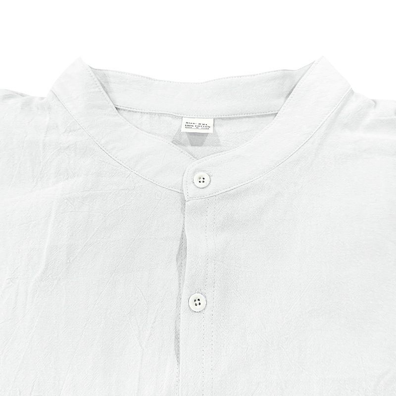 Men's Clothing Tops Shirts American-Style Men's Hawaiian-Style Cotton-Linen Stand-Up Collar Breathable Henley Casual Long-Sleeved Shirt