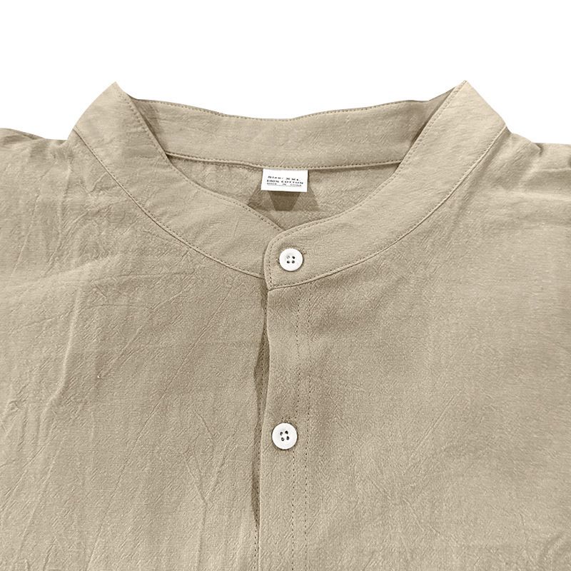 Men's Clothing Tops Shirts American-Style Men's Hawaiian-Style Cotton-Linen Stand-Up Collar Breathable Henley Casual Long-Sleeved Shirt