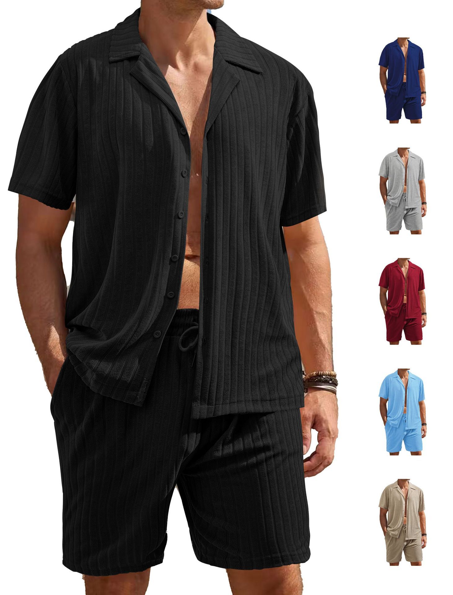 Men's Clothing Tops T-Shirts Men's Summer Loose Casual Breathable Lapel Cardigan Solid Color Towel Jacquard Short Sleeved Men's Shirt