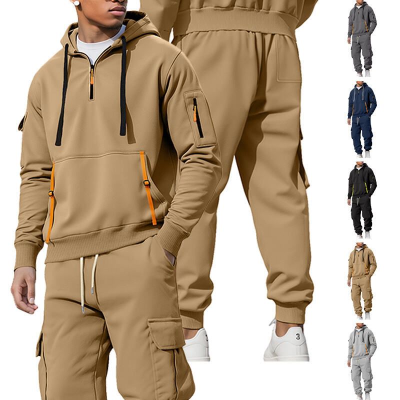 Men's Clothing Sets Two-Piece Outfits New Autumn Winter Men's Velvet Hoodie Fashion Hoodie Zipper Multi Pocket Work Pants Set