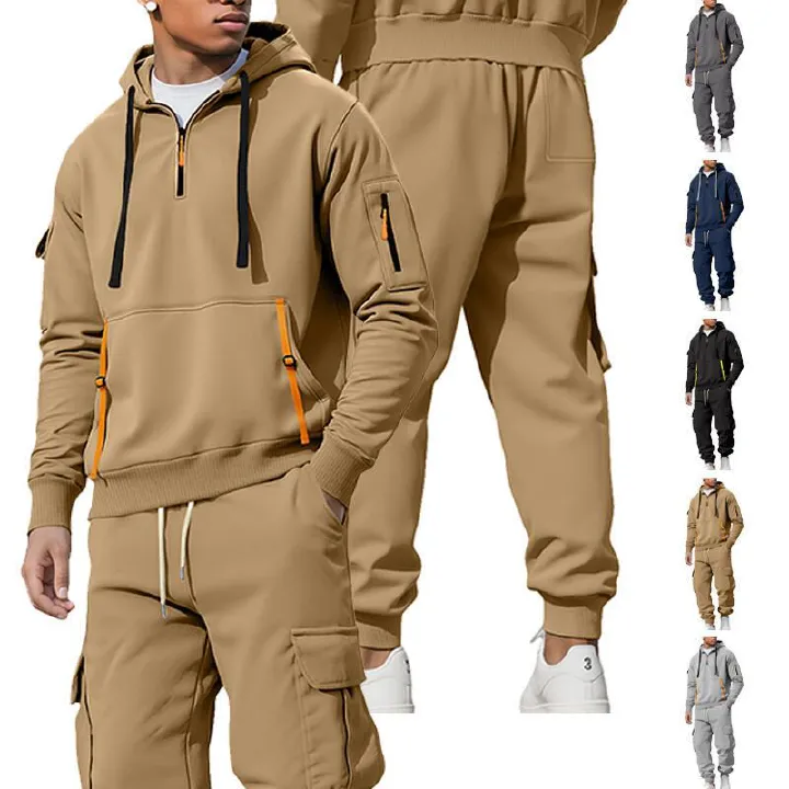 Men's Clothing Sets Two-Piece Outfits New Autumn Winter Men's Velvet Hoodie Fashion Hoodie Zipper Multi Pocket Work Pants Set