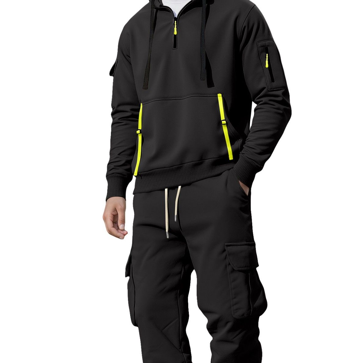 Men's Clothing Sets Two-Piece Outfits New Autumn Winter Men's Velvet Hoodie Fashion Hoodie Zipper Multi Pocket Work Pants Set