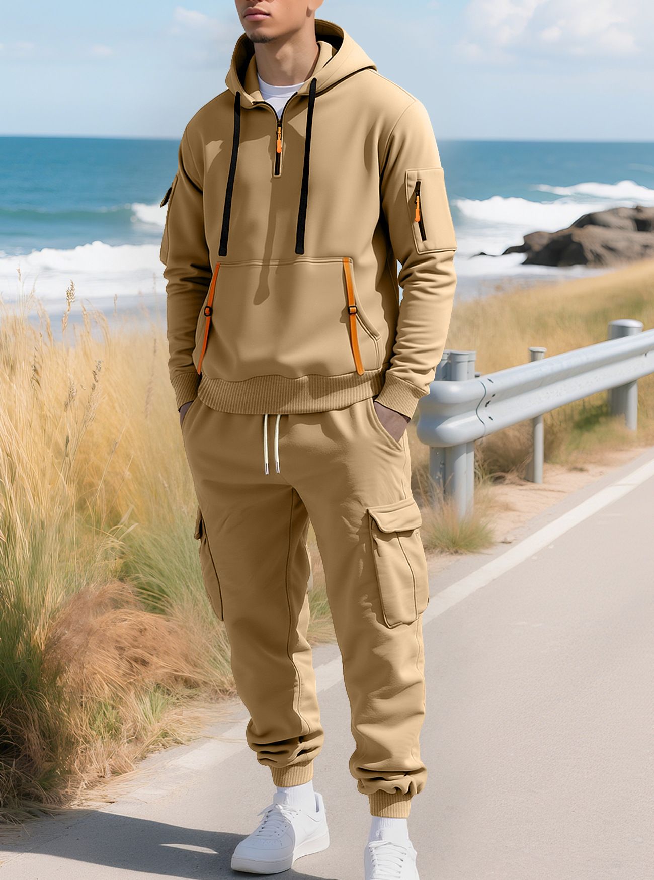 Men's Clothing Sets Two-Piece Outfits New Autumn Winter Men's Velvet Hoodie Fashion Hoodie Zipper Multi Pocket Work Pants Set