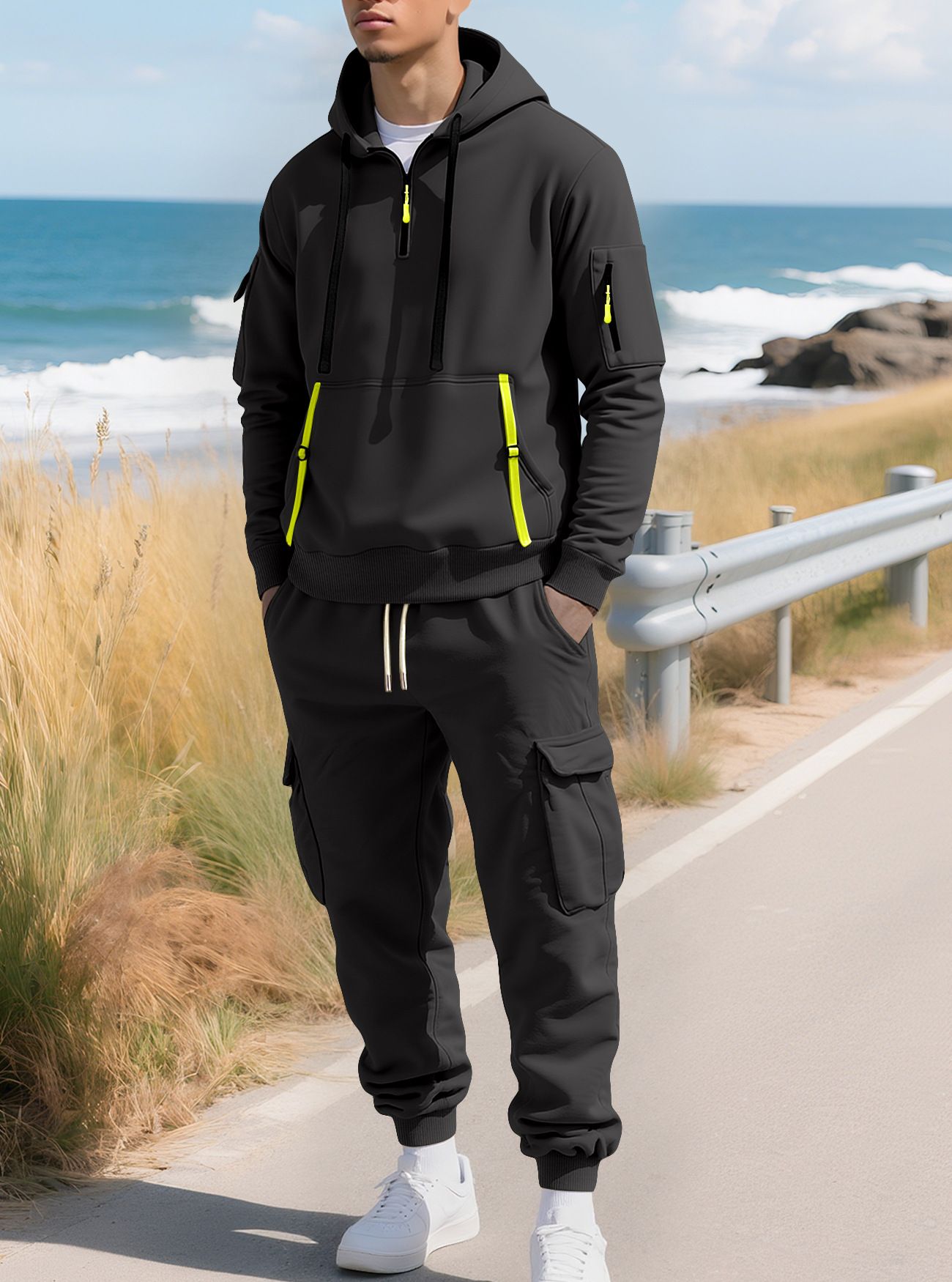 Men's Clothing Sets Two-Piece Outfits New Autumn Winter Men's Velvet Hoodie Fashion Hoodie Zipper Multi Pocket Work Pants Set