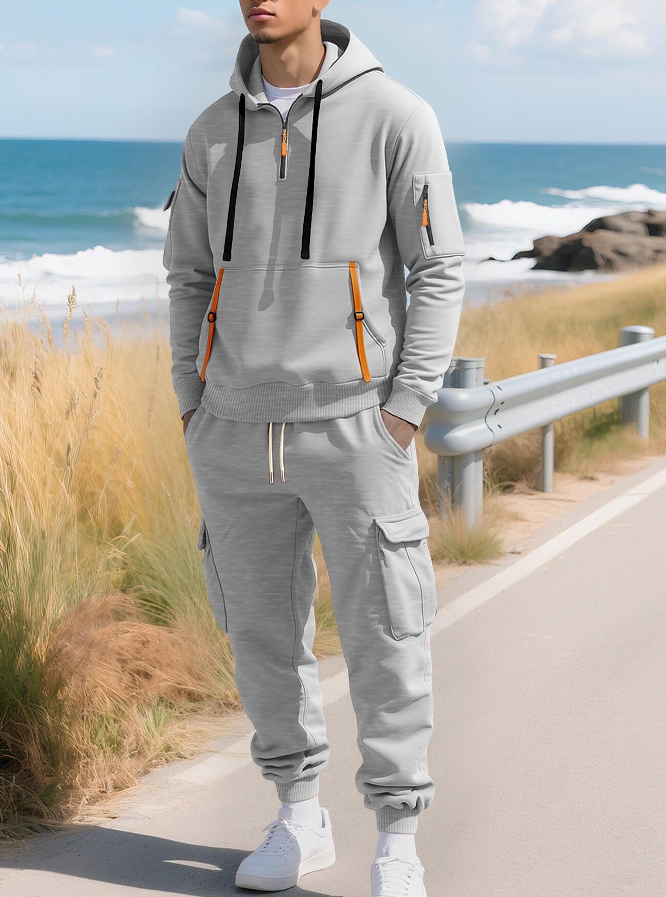 Men's Clothing Sets Two-Piece Outfits New Autumn Winter Men's Velvet Hoodie Fashion Hoodie Zipper Multi Pocket Work Pants Set