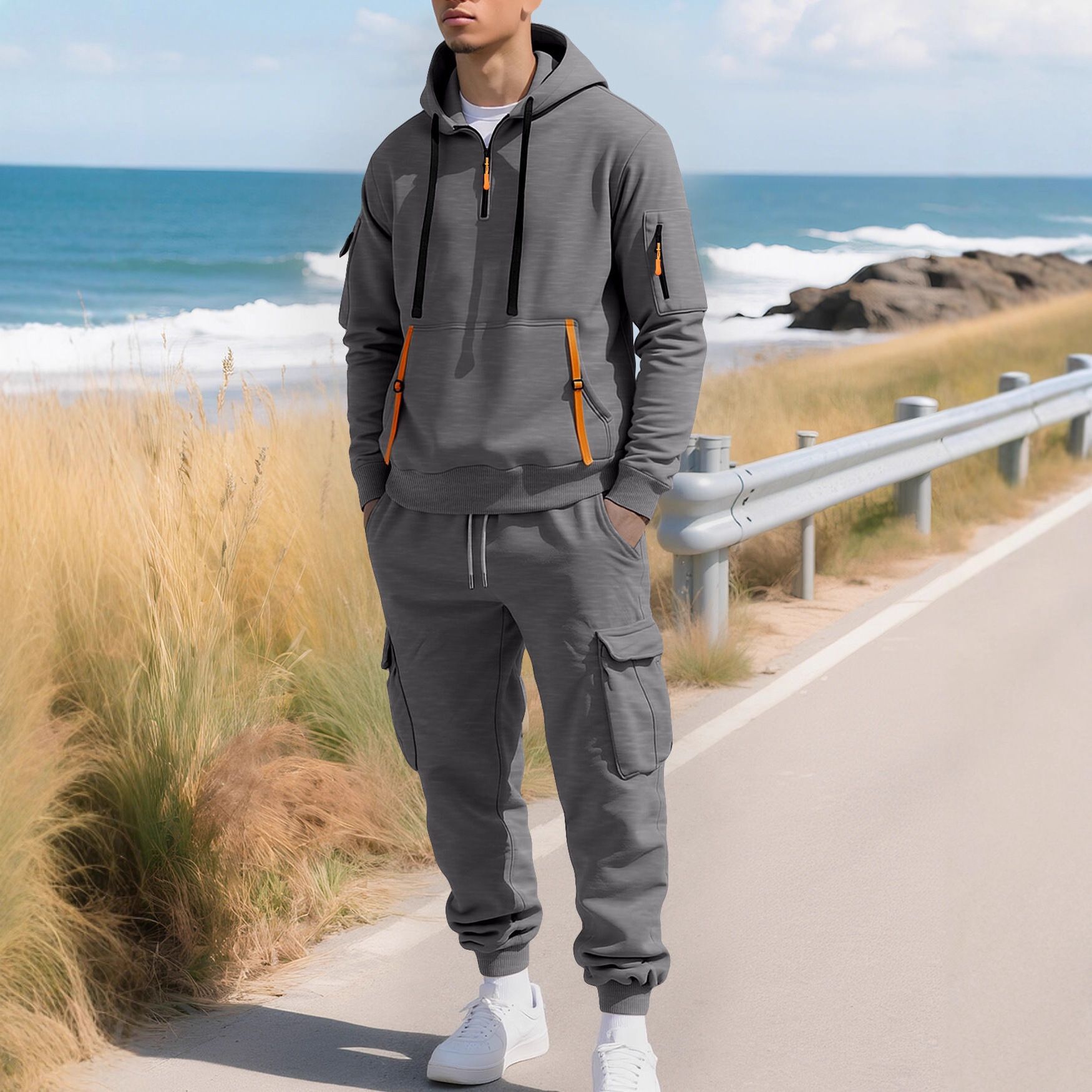 Men's Clothing Sets Two-Piece Outfits New Autumn Winter Men's Velvet Hoodie Fashion Hoodie Zipper Multi Pocket Work Pants Set