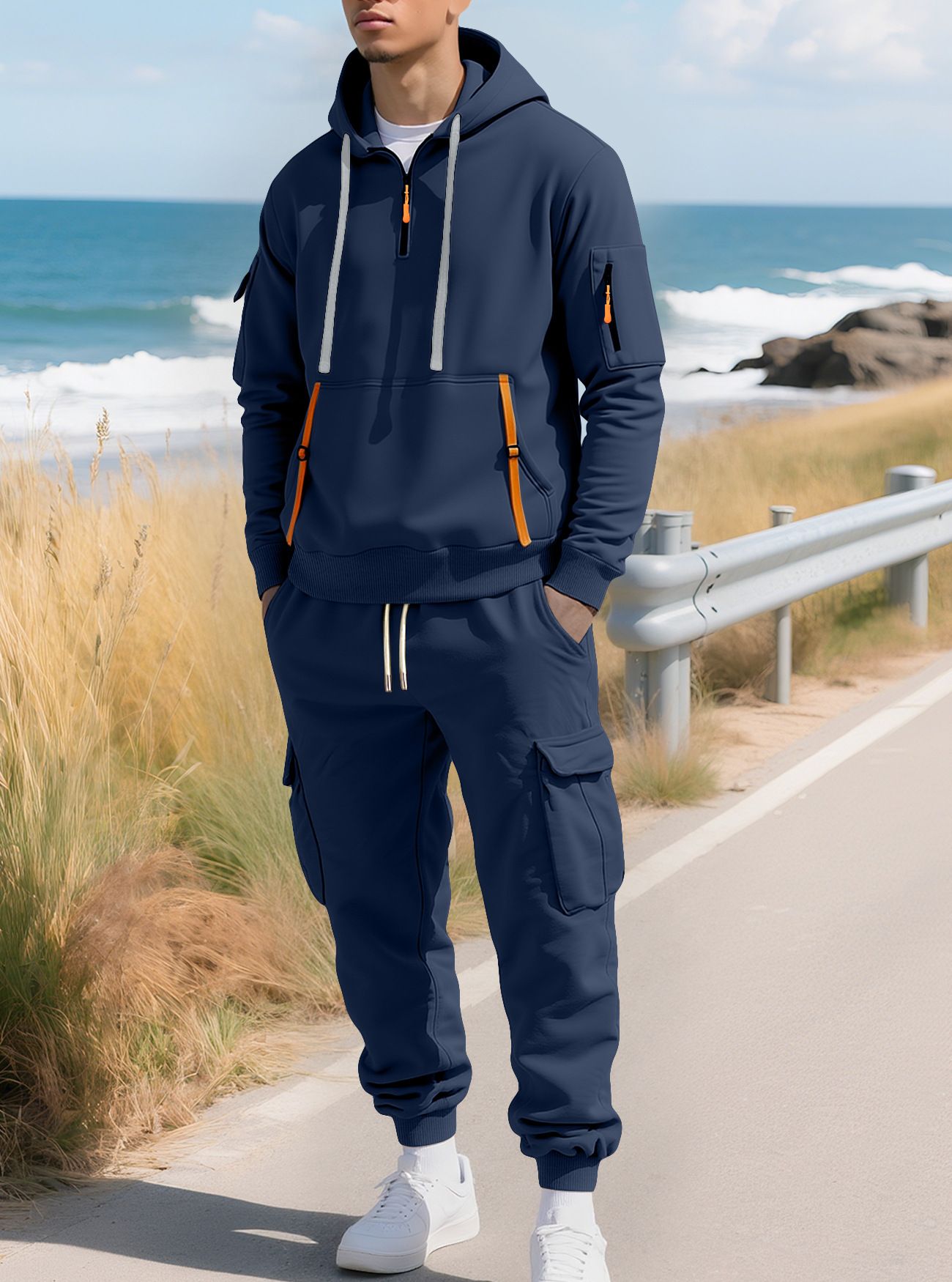 Men's Clothing Sets Two-Piece Outfits New Autumn Winter Men's Velvet Hoodie Fashion Hoodie Zipper Multi Pocket Work Pants Set