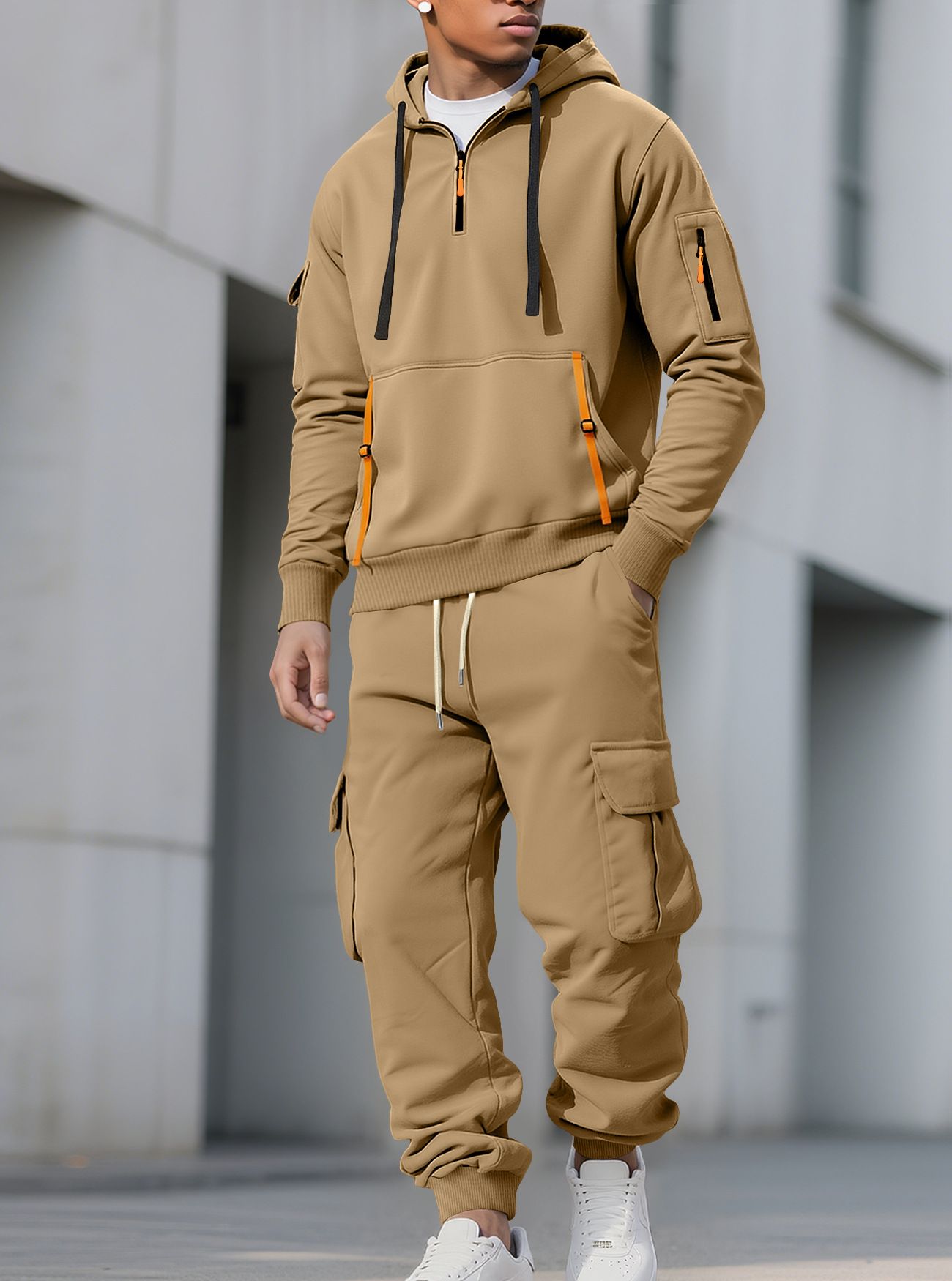 Men's Clothing Sets Two-Piece Outfits New Autumn Winter Men's Velvet Hoodie Fashion Hoodie Zipper Multi Pocket Work Pants Set