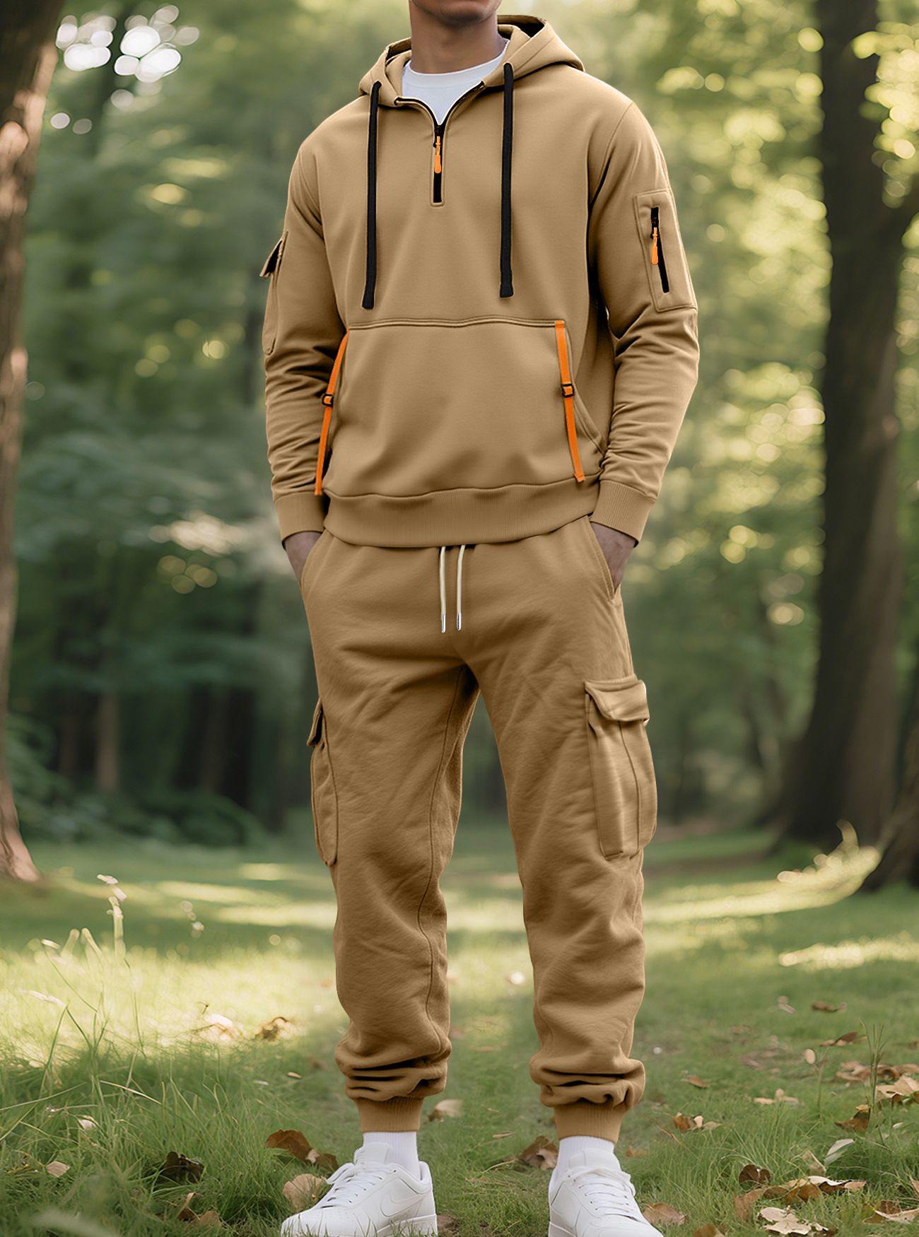Men's Clothing Sets Two-Piece Outfits New Autumn Winter Men's Velvet Hoodie Fashion Hoodie Zipper Multi Pocket Work Pants Set