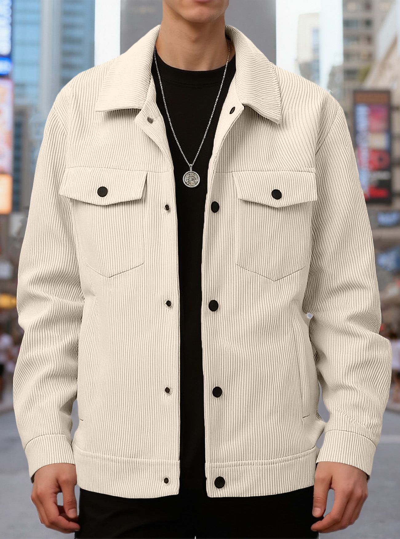 Men's Clothing Tops Jackets Coats Men's Corduroy Single Button Casual Sporty Trendy Pockets Lapel Long Sleeve Shirt