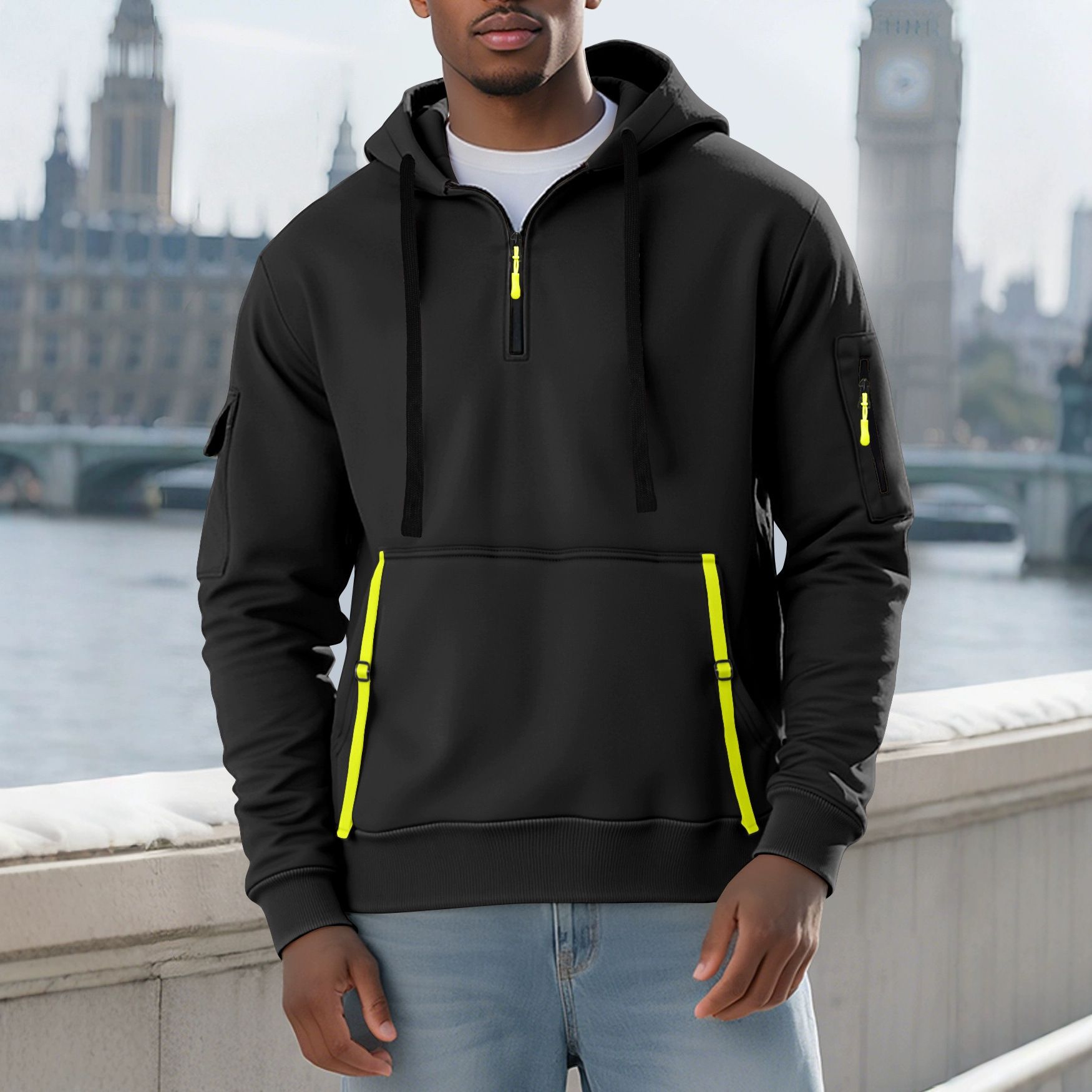 Men's Clothing Tops Sweatshirts Hoodies Men's Winter Autumn Oversized Fleece Hoodie with Multiple Zippered Arm Pockets And Hood