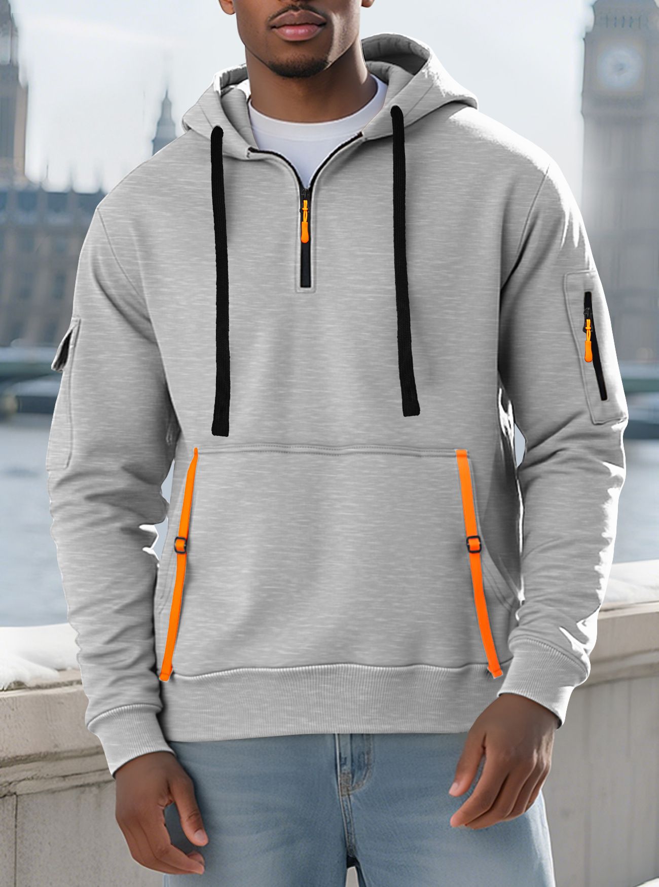 Men's Clothing Tops Sweatshirts Hoodies Men's Winter Autumn Oversized Fleece Hoodie with Multiple Zippered Arm Pockets And Hood