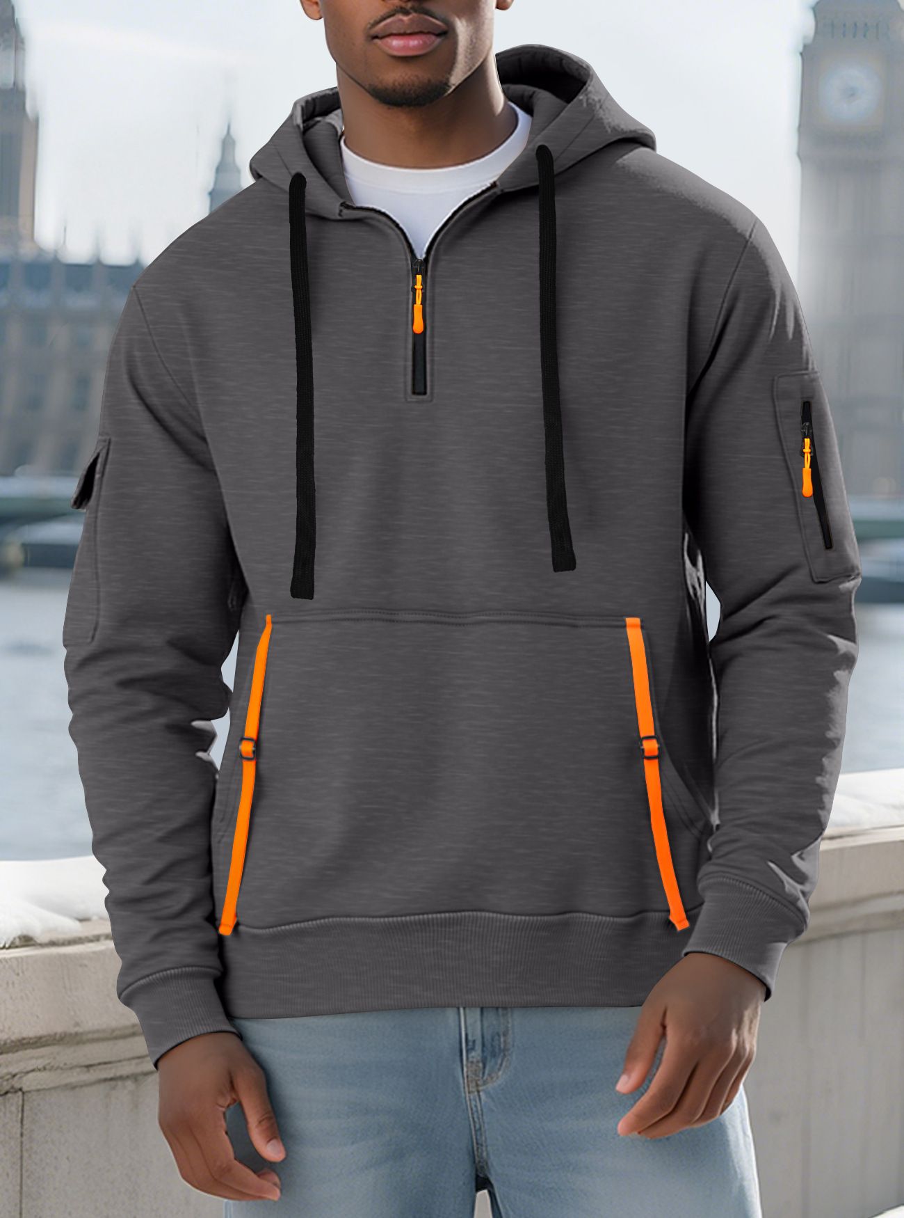 Men's Clothing Tops Sweatshirts Hoodies Men's Winter Autumn Oversized Fleece Hoodie with Multiple Zippered Arm Pockets And Hood