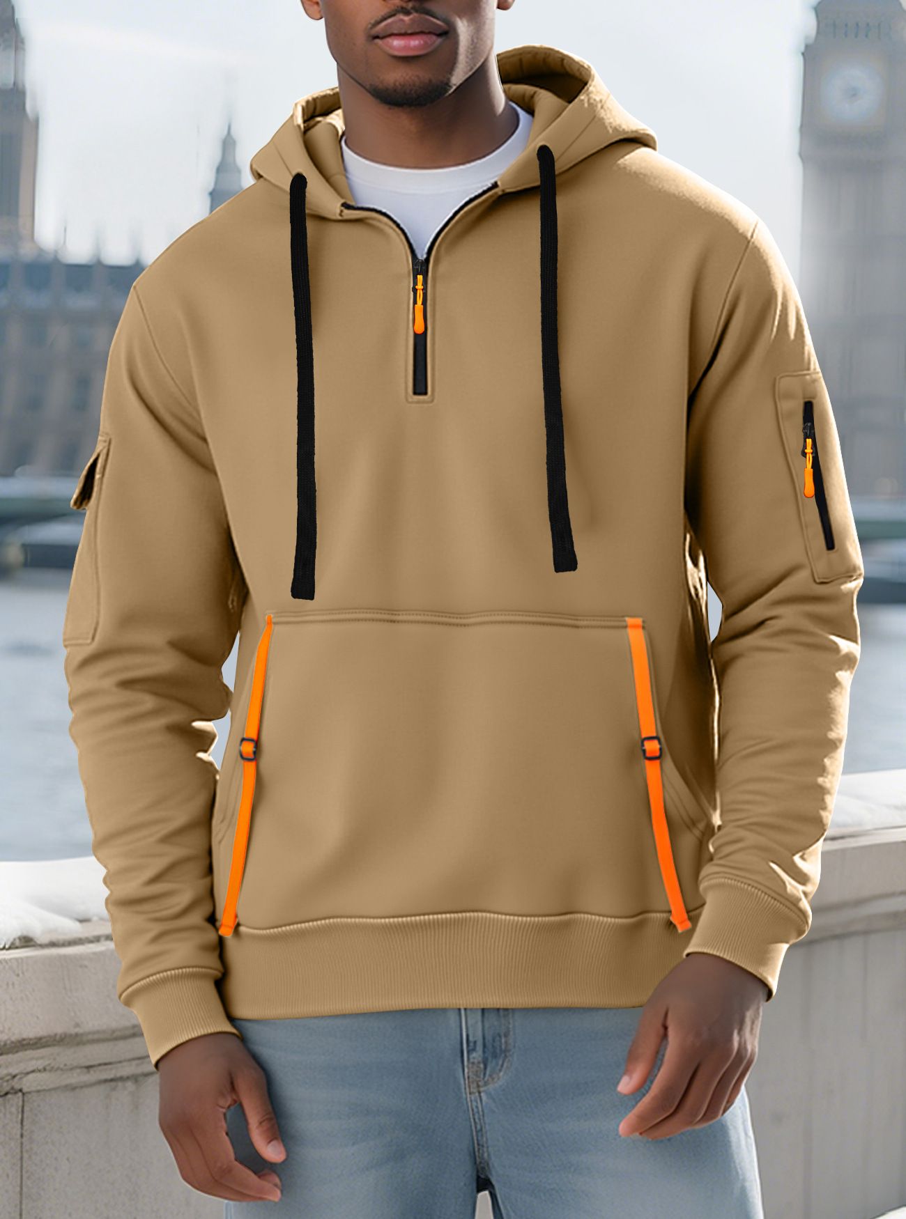 Men's Clothing Tops Sweatshirts Hoodies Men's Winter Autumn Oversized Fleece Hoodie with Multiple Zippered Arm Pockets And Hood