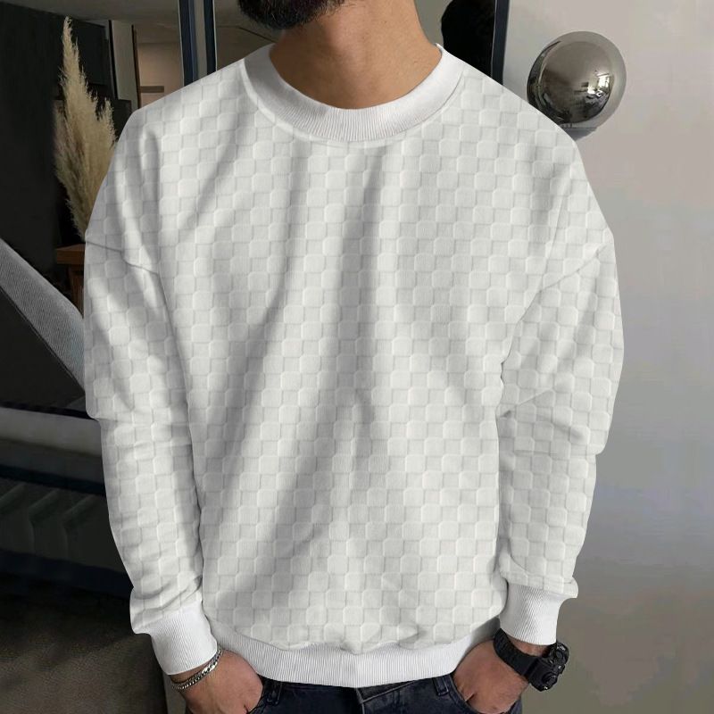 Men's Clothing Tops Sweatshirts Hoodies Men's Autumn Winter Knitwear Heavyweight Jacquard Checkered European Round-Neck Casual Long-Sleeved T-Shirt