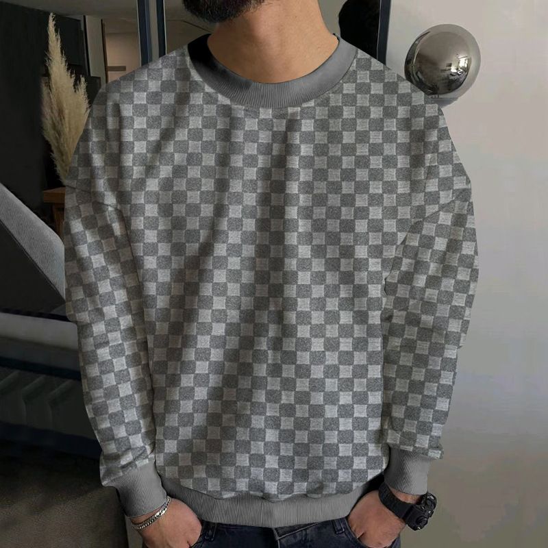 Men's Clothing Tops Sweatshirts Hoodies Men's Autumn Winter Knitwear Heavyweight Jacquard Checkered European Round-Neck Casual Long-Sleeved T-Shirt