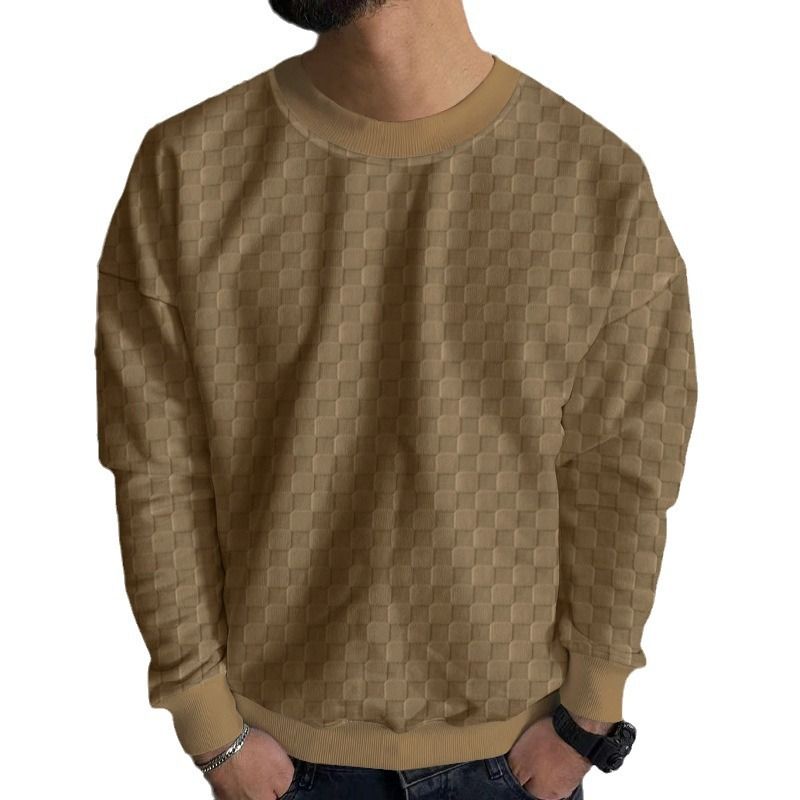 Men's Clothing Tops Sweatshirts Hoodies Men's Autumn Winter Knitwear Heavyweight Jacquard Checkered European Round-Neck Casual Long-Sleeved T-Shirt