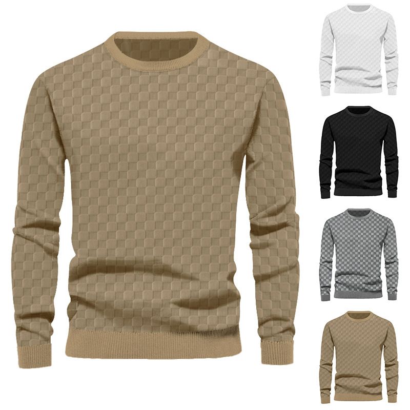Men's Clothing Tops Sweatshirts Hoodies Men's Autumn Winter Knitwear Heavyweight Jacquard Checkered European Round-Neck Casual Long-Sleeved T-Shirt