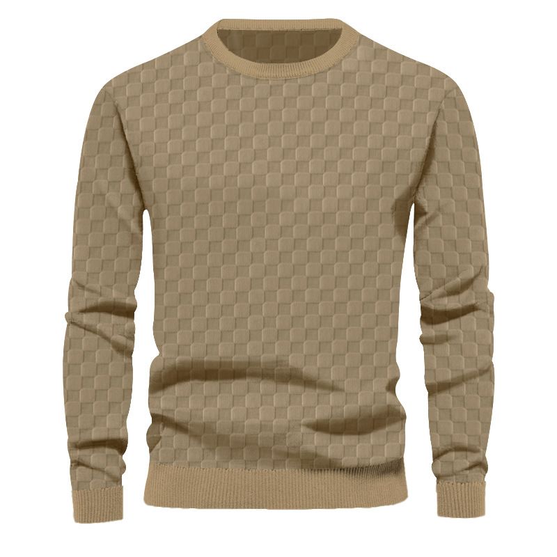 Men's Clothing Tops Sweatshirts Hoodies Men's Autumn Winter Knitwear Heavyweight Jacquard Checkered European Round-Neck Casual Long-Sleeved T-Shirt