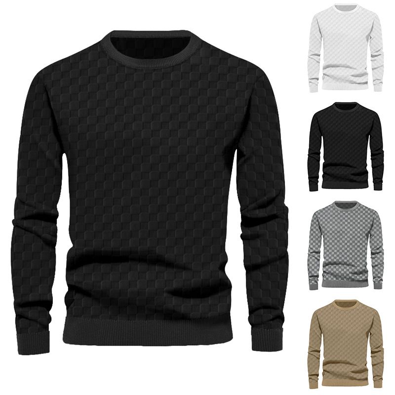 Men's Clothing Tops Sweatshirts Hoodies Men's Autumn Winter Knitwear Heavyweight Jacquard Checkered European Round-Neck Casual Long-Sleeved T-Shirt
