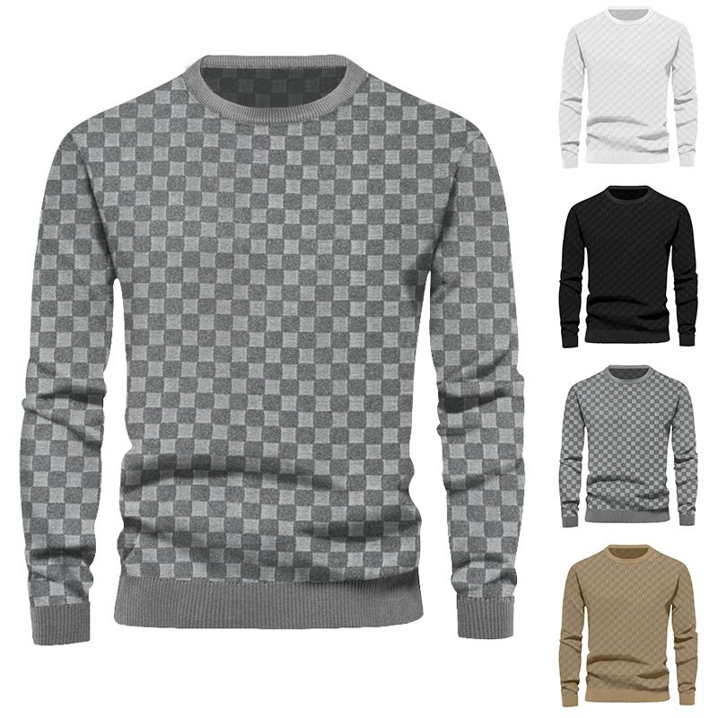 Men's Clothing Tops Sweatshirts Hoodies Men's Autumn Winter Knitwear Heavyweight Jacquard Checkered European Round-Neck Casual Long-Sleeved T-Shirt