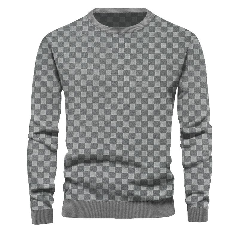 Men's Clothing Tops Sweatshirts Hoodies Men's Autumn Winter Knitwear Heavyweight Jacquard Checkered European Round-Neck Casual Long-Sleeved T-Shirt