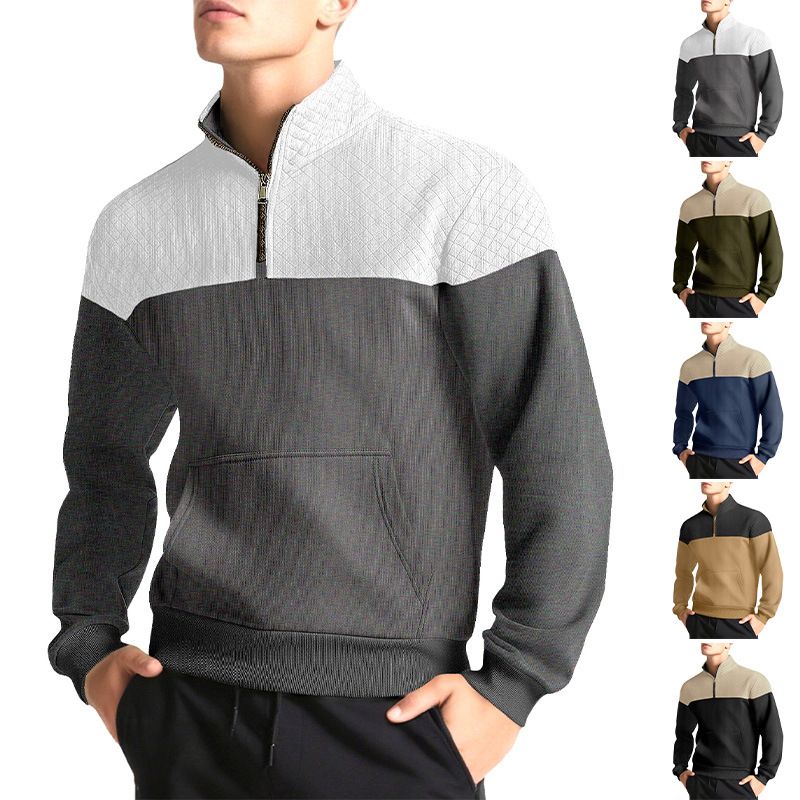 Men's Clothing Tops Sweatshirts Hoodies American-Style Men's Waffle Pattern Casual Zipper-Up Hooded Sweatshirt with Diamond-Shaped Design
