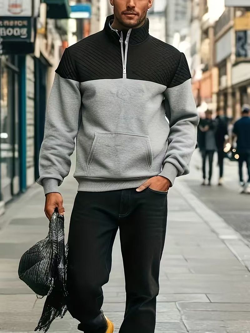 Men's Clothing Tops Sweatshirts Hoodies American-Style Men's Waffle Pattern Casual Zipper-Up Hooded Sweatshirt with Diamond-Shaped Design