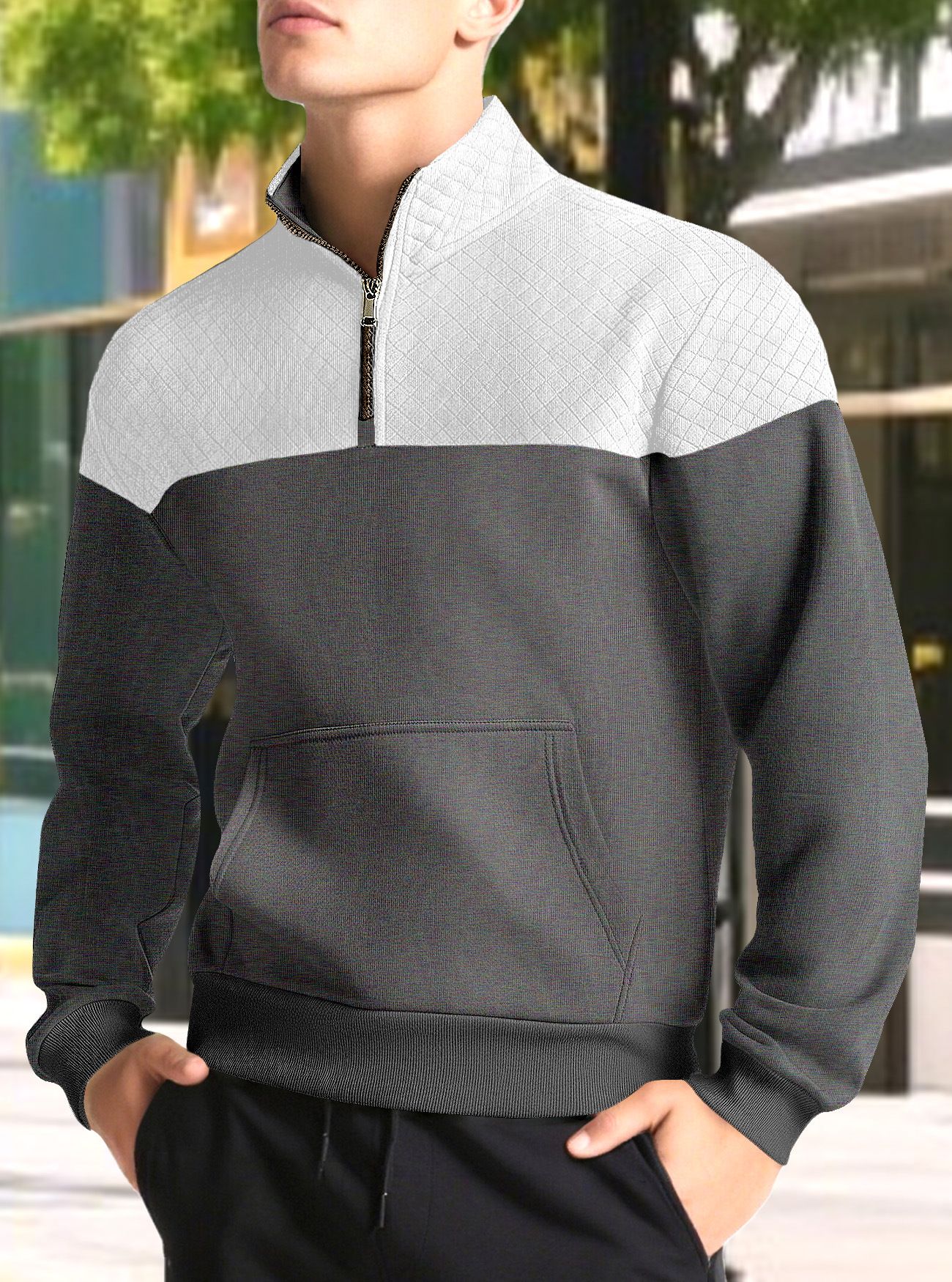 Men's Clothing Tops Sweatshirts Hoodies American-Style Men's Waffle Pattern Casual Zipper-Up Hooded Sweatshirt with Diamond-Shaped Design