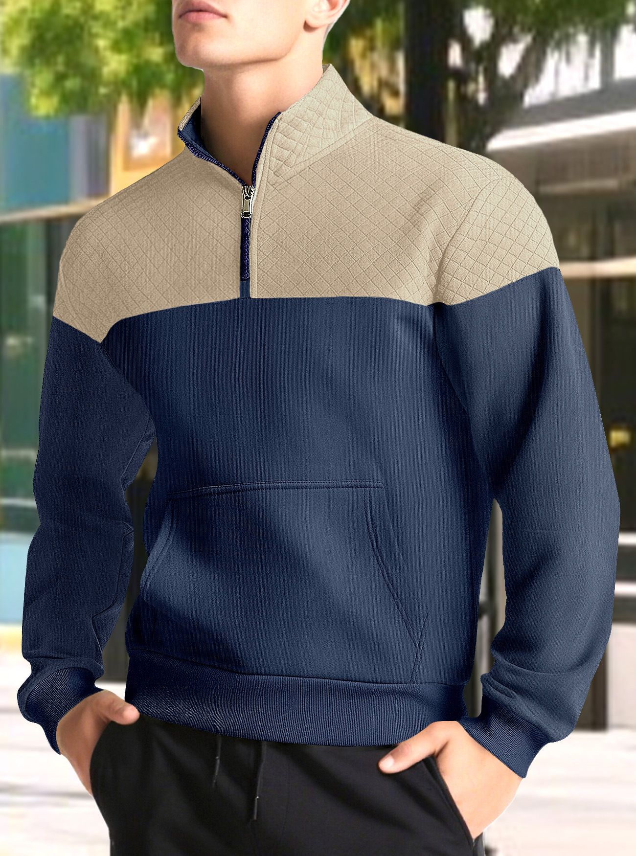 Men's Clothing Tops Sweatshirts Hoodies American-Style Men's Waffle Pattern Casual Zipper-Up Hooded Sweatshirt with Diamond-Shaped Design