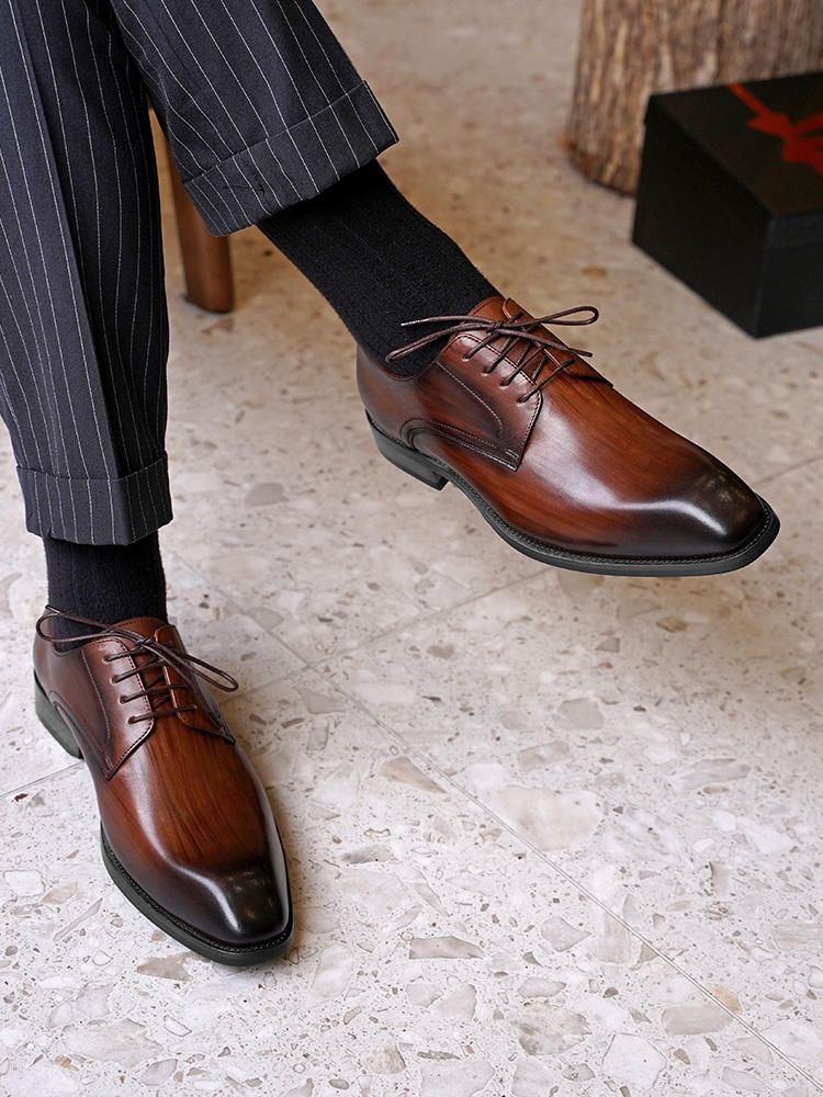 Shoes Men Leather Shoe Man Imitation Wood Grain Fashionable Vintage Square Toe Leather Shoes New Men's Leather Shoes Men's Shoes Oxfords