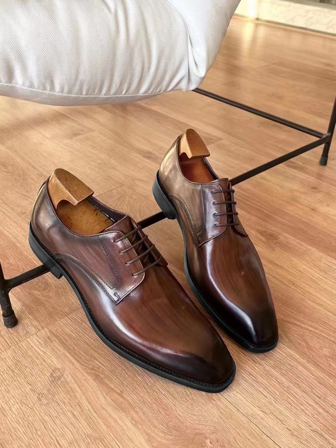 Shoes Men Leather Shoe Man Imitation Wood Grain Fashionable Vintage Square Toe Leather Shoes New Men's Leather Shoes Men's Shoes Oxfords