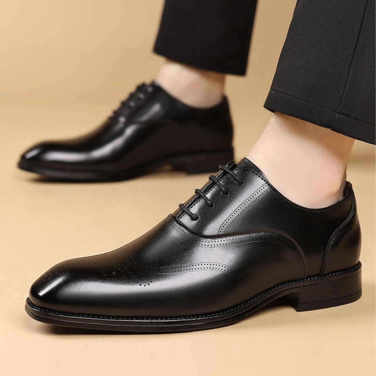 Shoes Men Leather Shoe Man Wood Grain Imitation Block-Style Square-Toe Leather Shoes Men's Shoes Oxfords