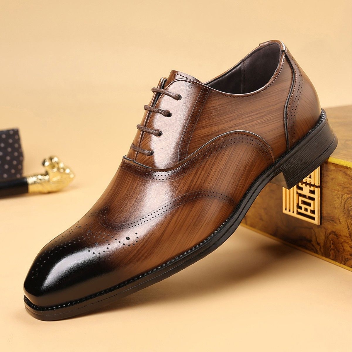 Shoes Men Leather Shoe Man Wood Grain Imitation Block-Style Square-Toe Leather Shoes Men's Shoes Oxfords
