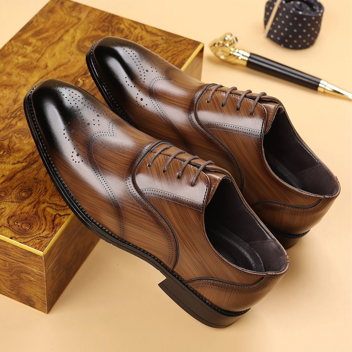 Shoes Men Leather Shoe Man Wood Grain Imitation Block-Style Square-Toe Leather Shoes Men's Shoes Oxfords