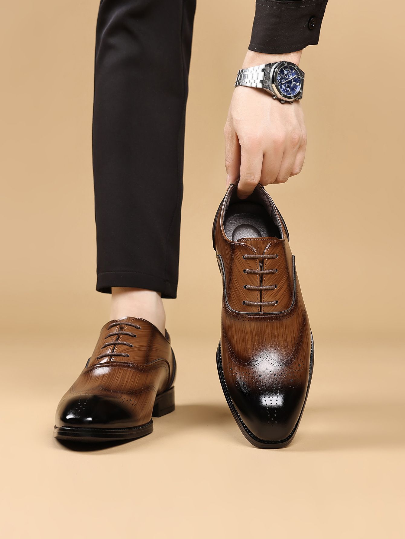 Shoes Men Leather Shoe Man Wood Grain Imitation Block-Style Square-Toe Leather Shoes Men's Shoes Oxfords