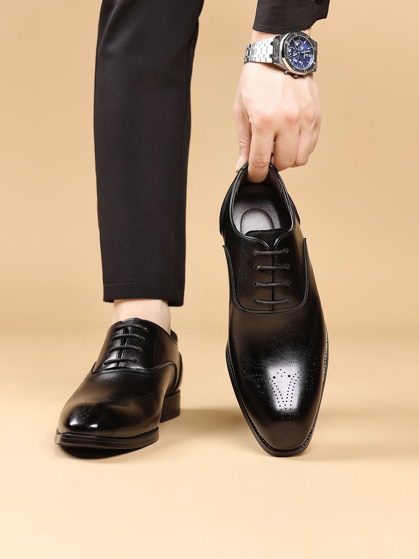 Shoes Men Leather Shoe Man Wood Grain Imitation Block-Style Square-Toe Leather Shoes Men's Shoes Oxfords