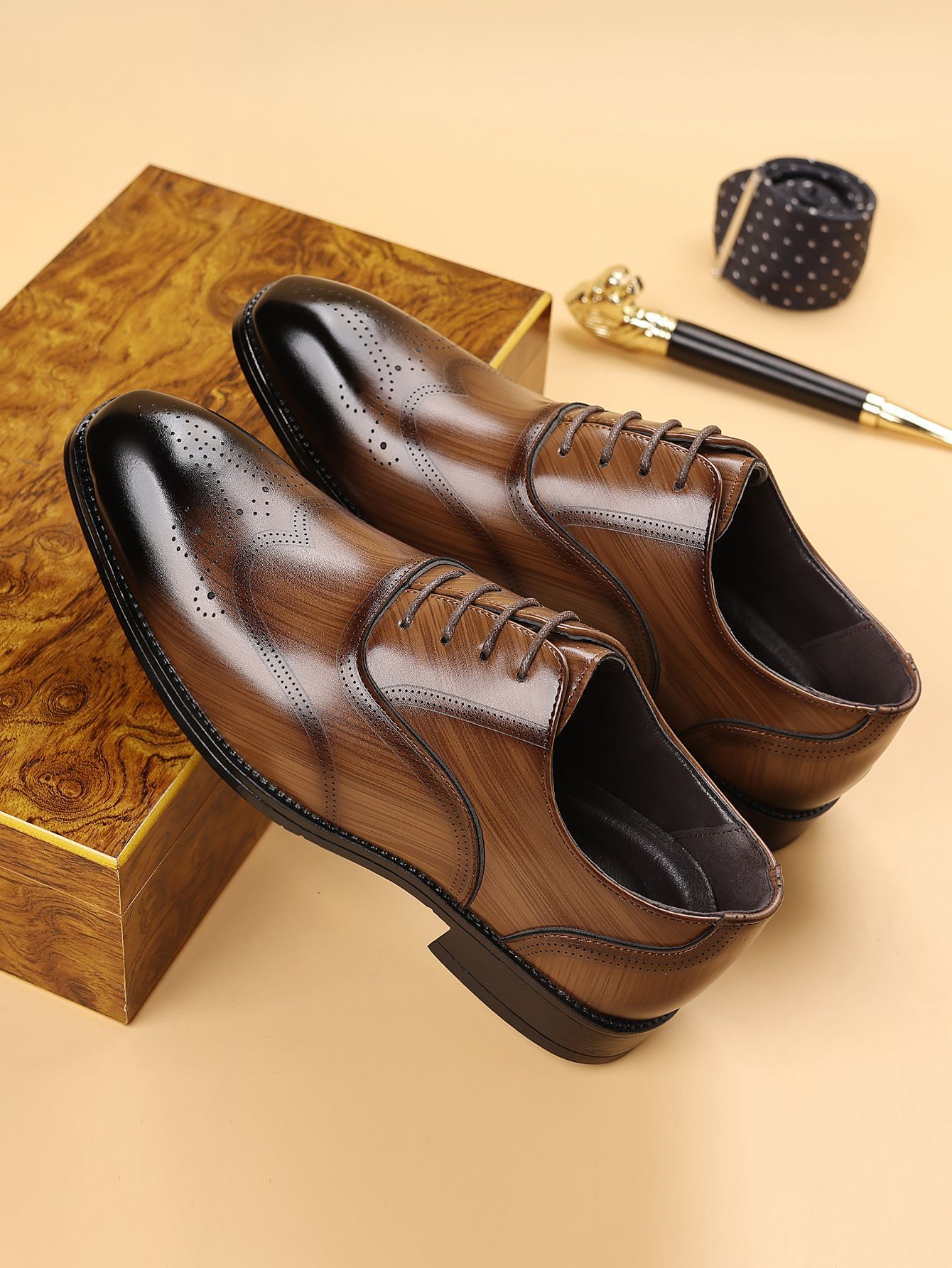 Shoes Men Leather Shoe Man Wood Grain Imitation Block-Style Square-Toe Leather Shoes Men's Shoes Oxfords