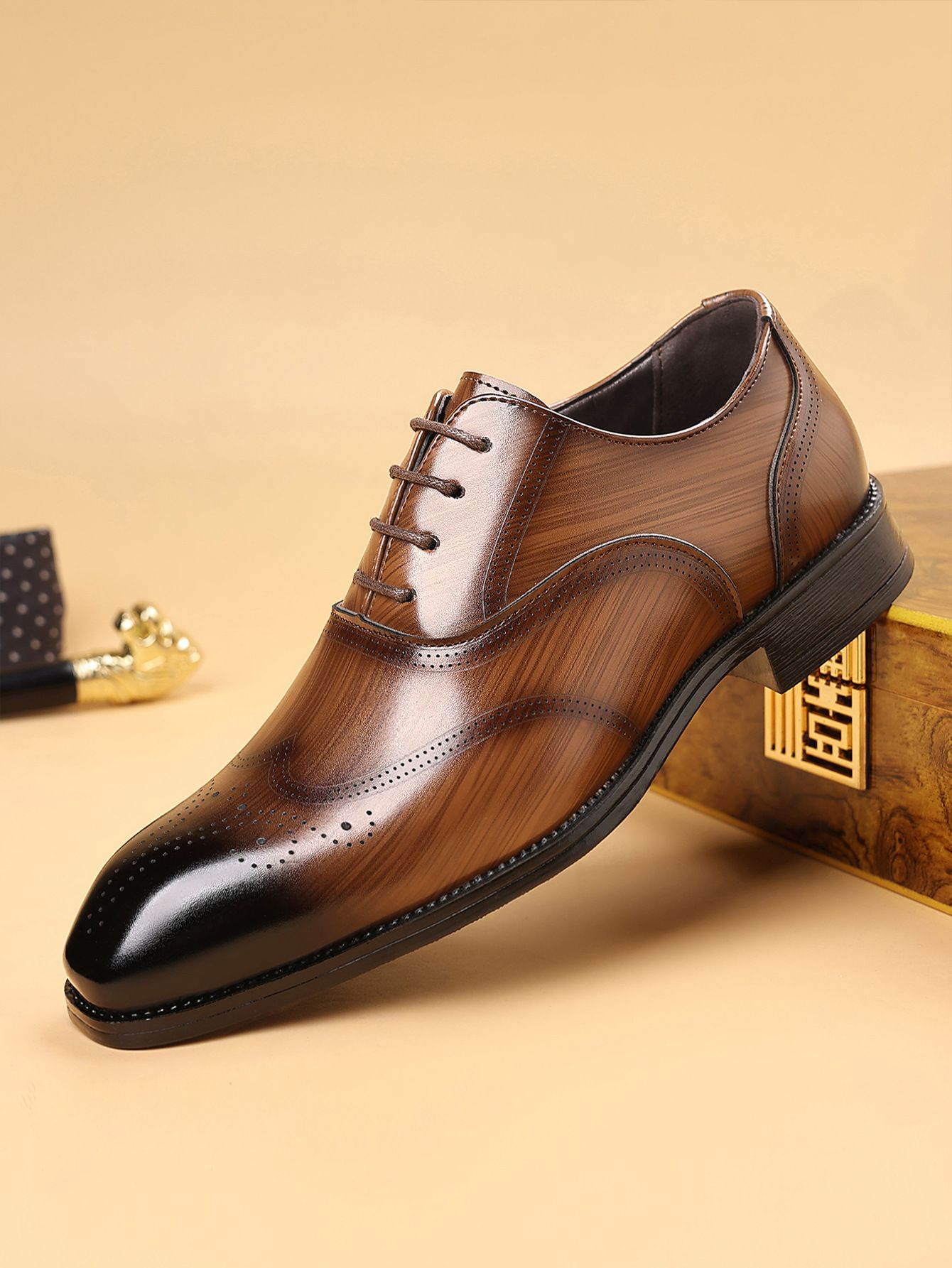 Shoes Men Leather Shoe Man Wood Grain Imitation Block-Style Square-Toe Leather Shoes Men's Shoes Oxfords