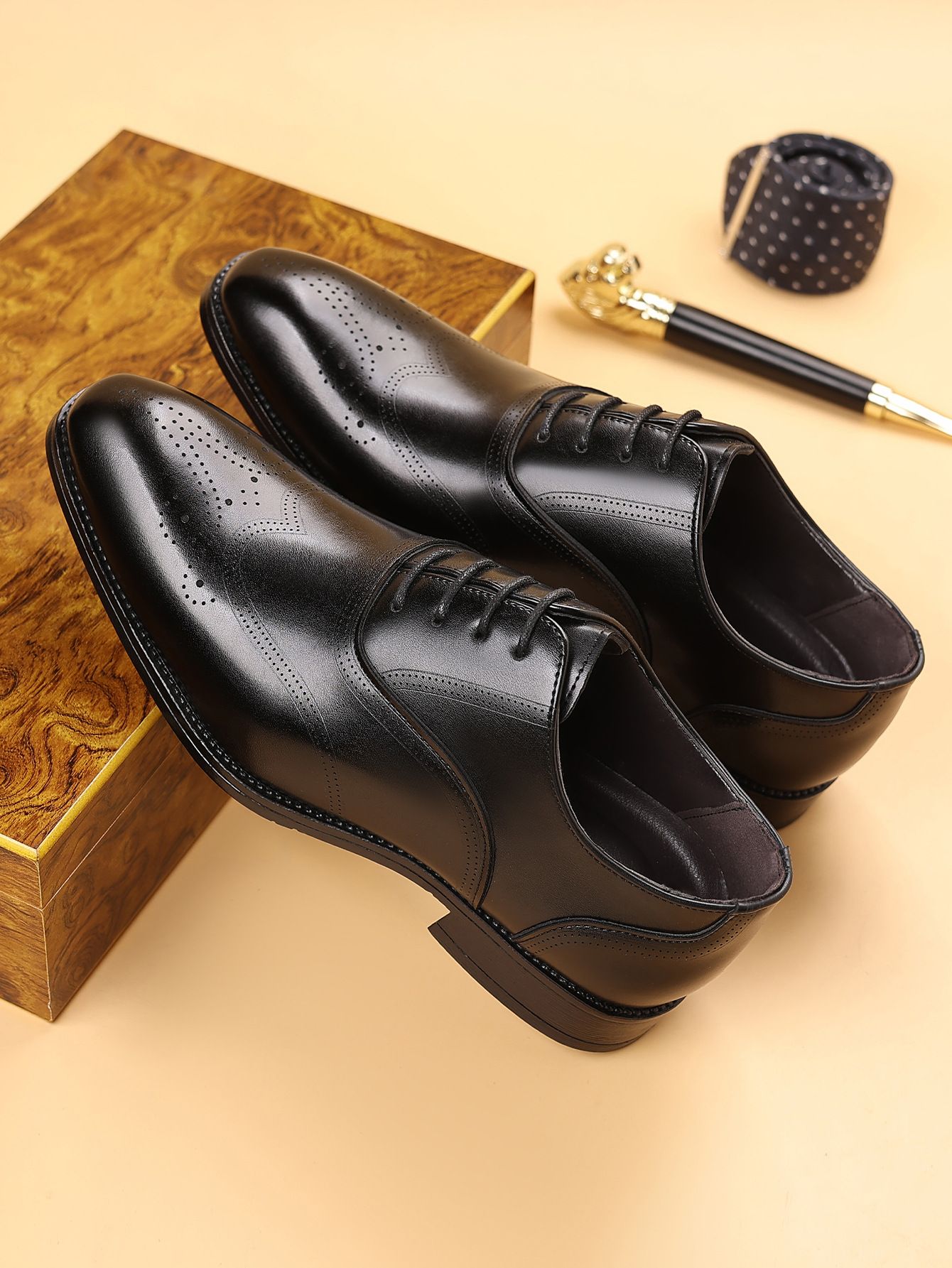 Shoes Men Leather Shoe Man Wood Grain Imitation Block-Style Square-Toe Leather Shoes Men's Shoes Oxfords