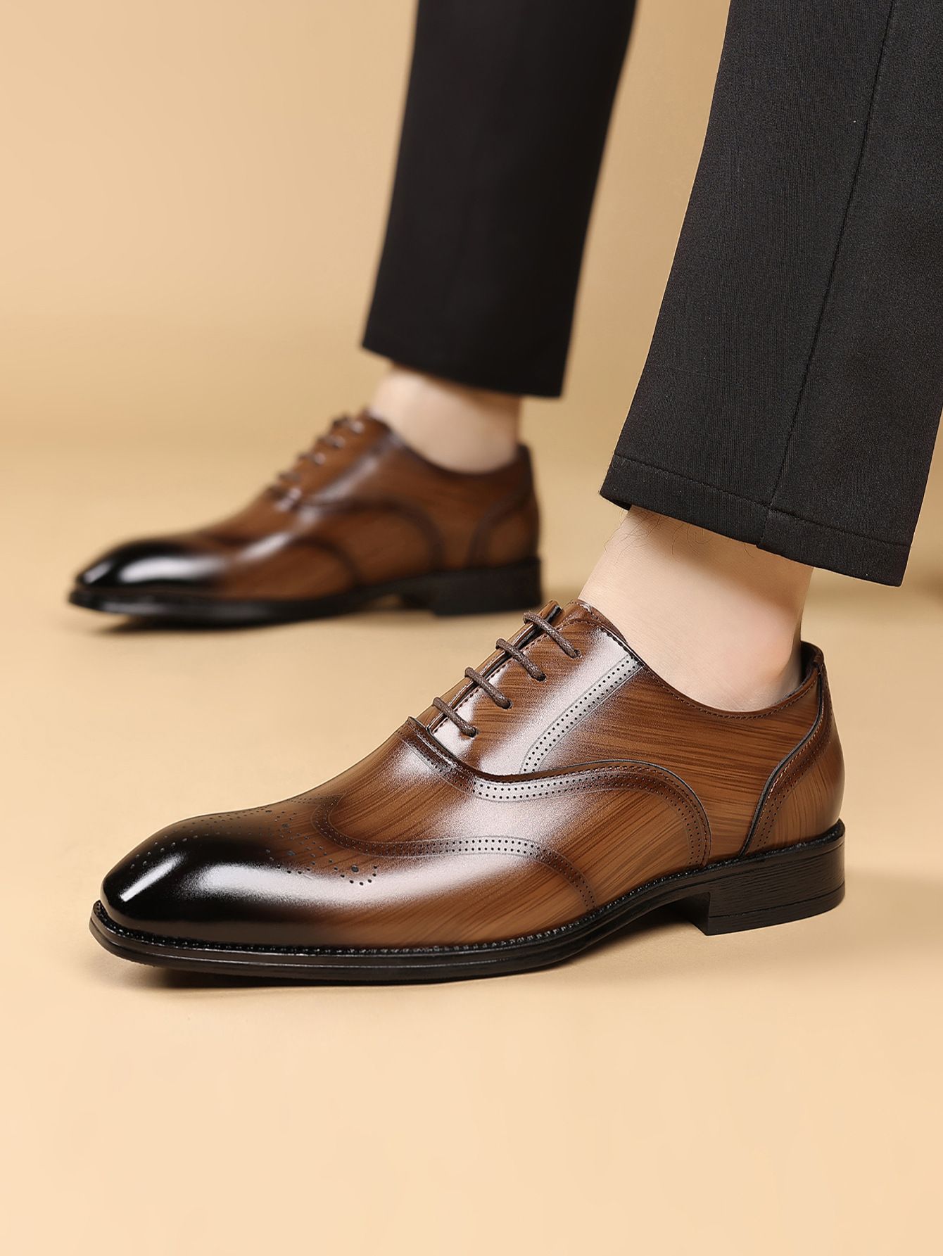 Shoes Men Leather Shoe Man Wood Grain Imitation Block-Style Square-Toe Leather Shoes Men's Shoes Oxfords