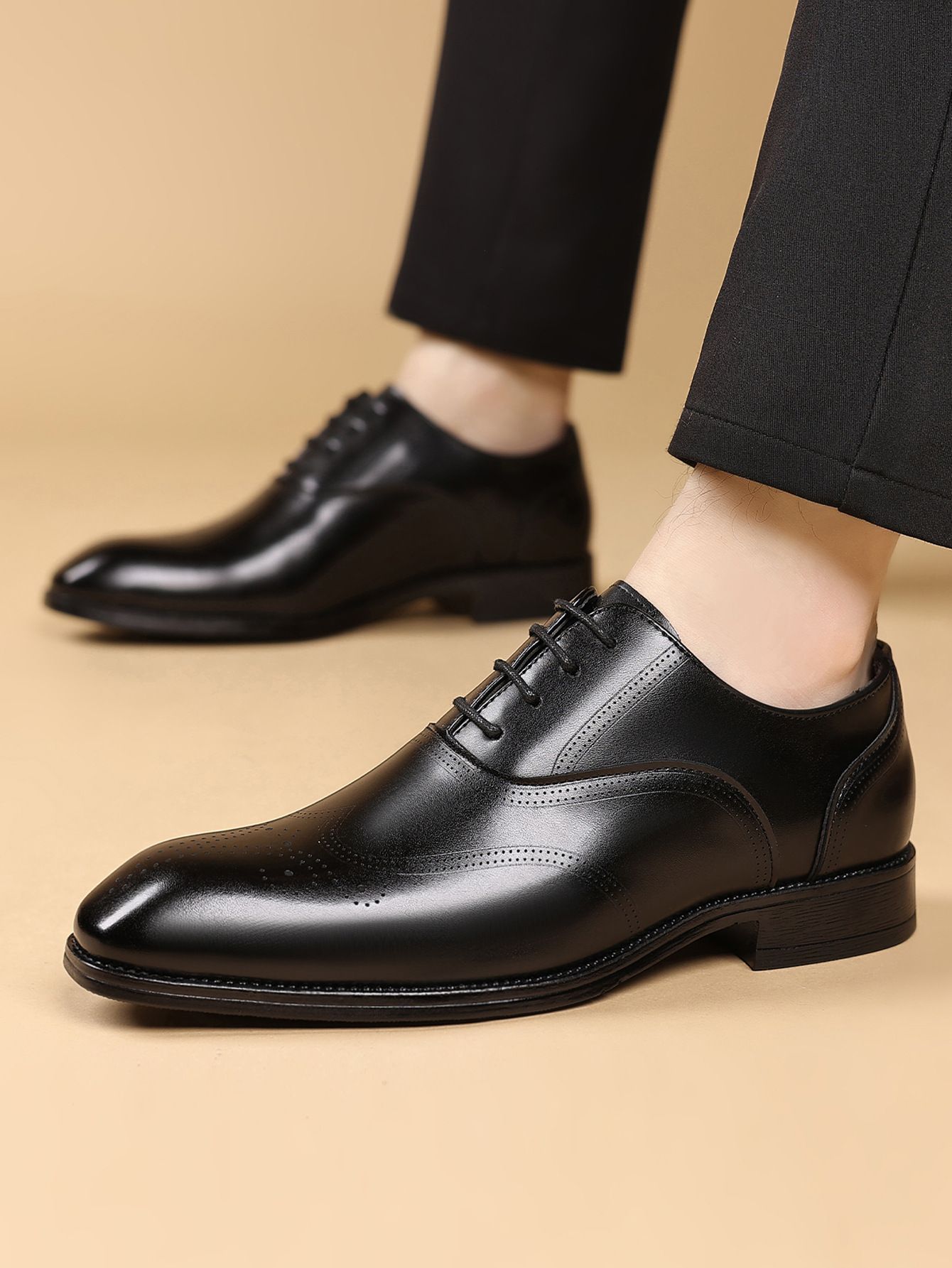 Shoes Men Leather Shoe Man Wood Grain Imitation Block-Style Square-Toe Leather Shoes Men's Shoes Oxfords