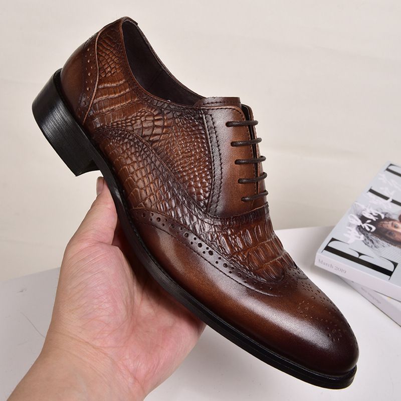 Shoes Men Leather Shoe Man New Men's Brogue Oxford Vintage-Style Crocodile Pattern Leather Shoes Large Sizes Men's Shoes Oxfords