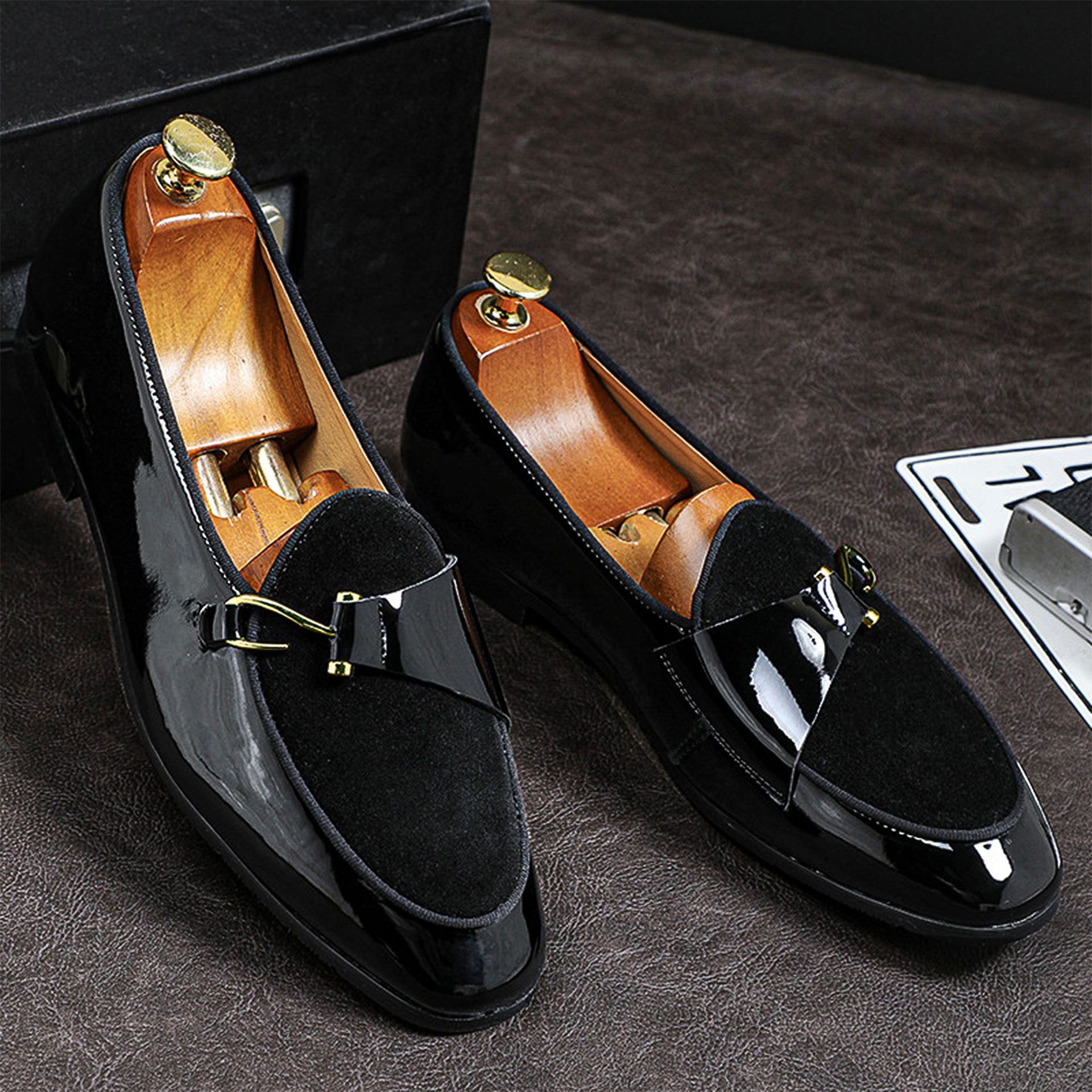 Shoes Men Leather Shoe Man Men's Square-Toe Casual Single Shoes with Side Buckle Men's Shoes Oxfords