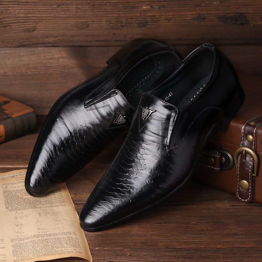 Large-Size Square-Toe Retro Casual Shoes Crocodile-Patterned Slip on Leather Men's Shoes Oxfords