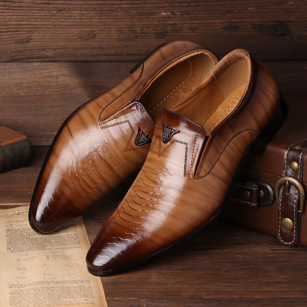 Large-Size Square-Toe Retro Casual Shoes Crocodile-Patterned Slip on Leather Men's Shoes Oxfords