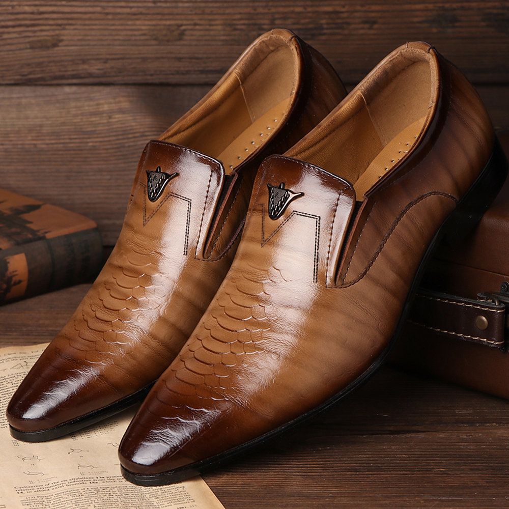 Large-Size Square-Toe Retro Casual Shoes Crocodile-Patterned Slip on Leather Men's Shoes Oxfords