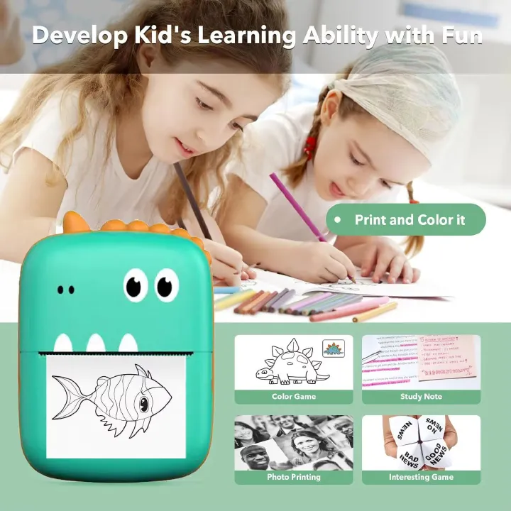 Mini Printer Cute Little Dinosaur Label Printer Portable Thermal Stickers Paper Inkless Bluetooth Printer For IOS & Android