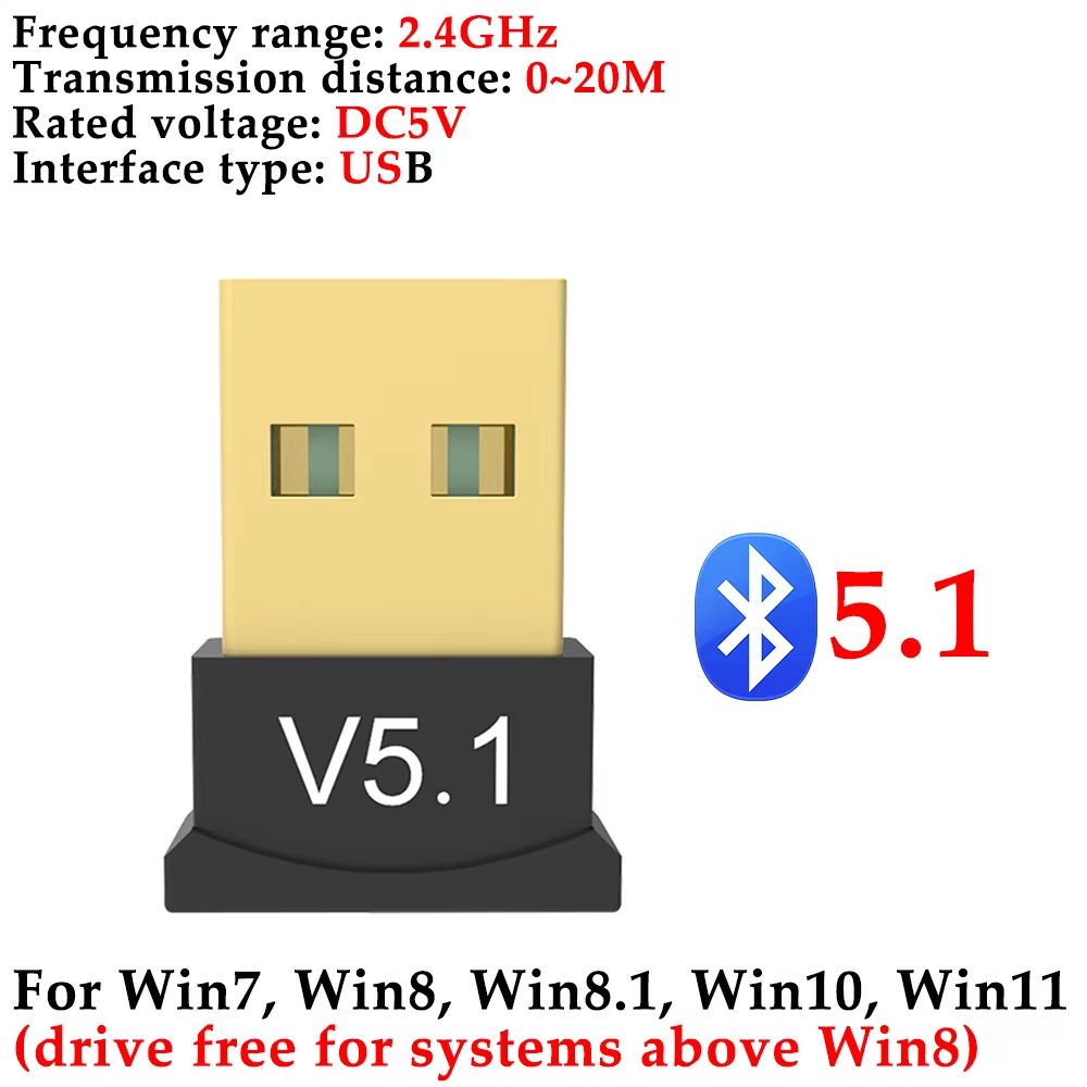 USB Bluetooth5.1Adapter Wireless Dongle Adapters Support Computer Laptop For Windows 11/10/8.1 Audio Transmitters